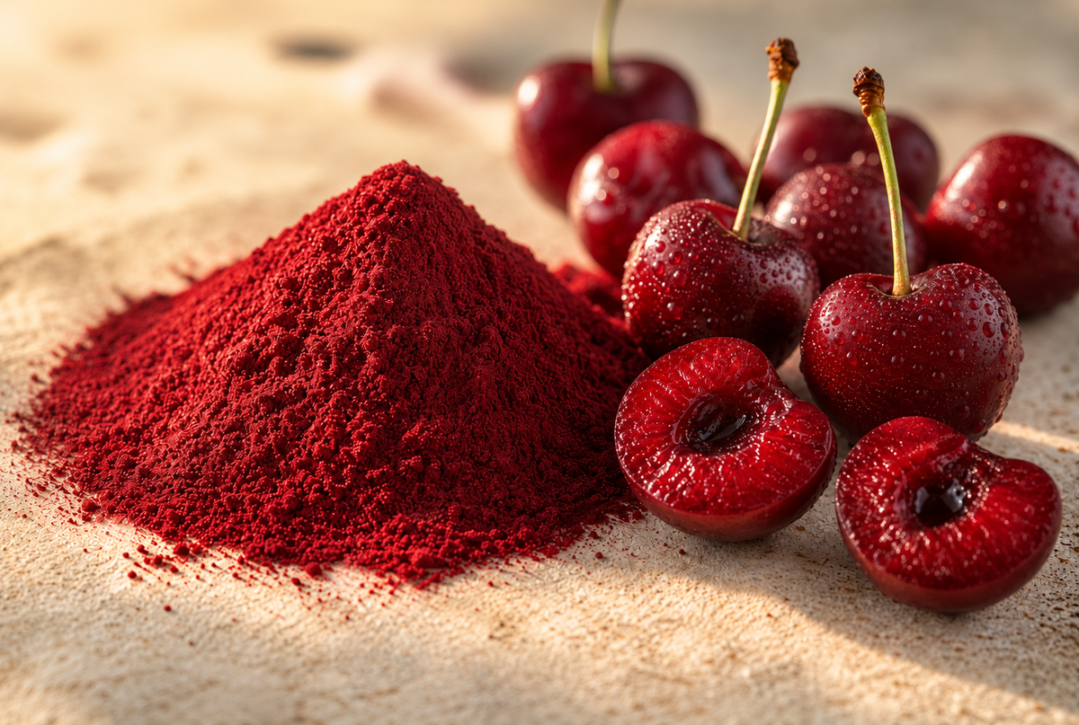 Deep red tart cherry powder beside fresh tart cherries