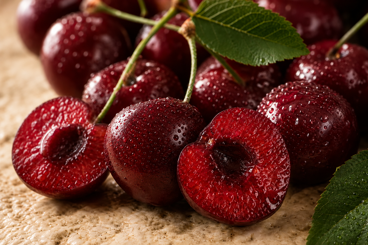 Close-up of fresh ripe tart cherries, several halved